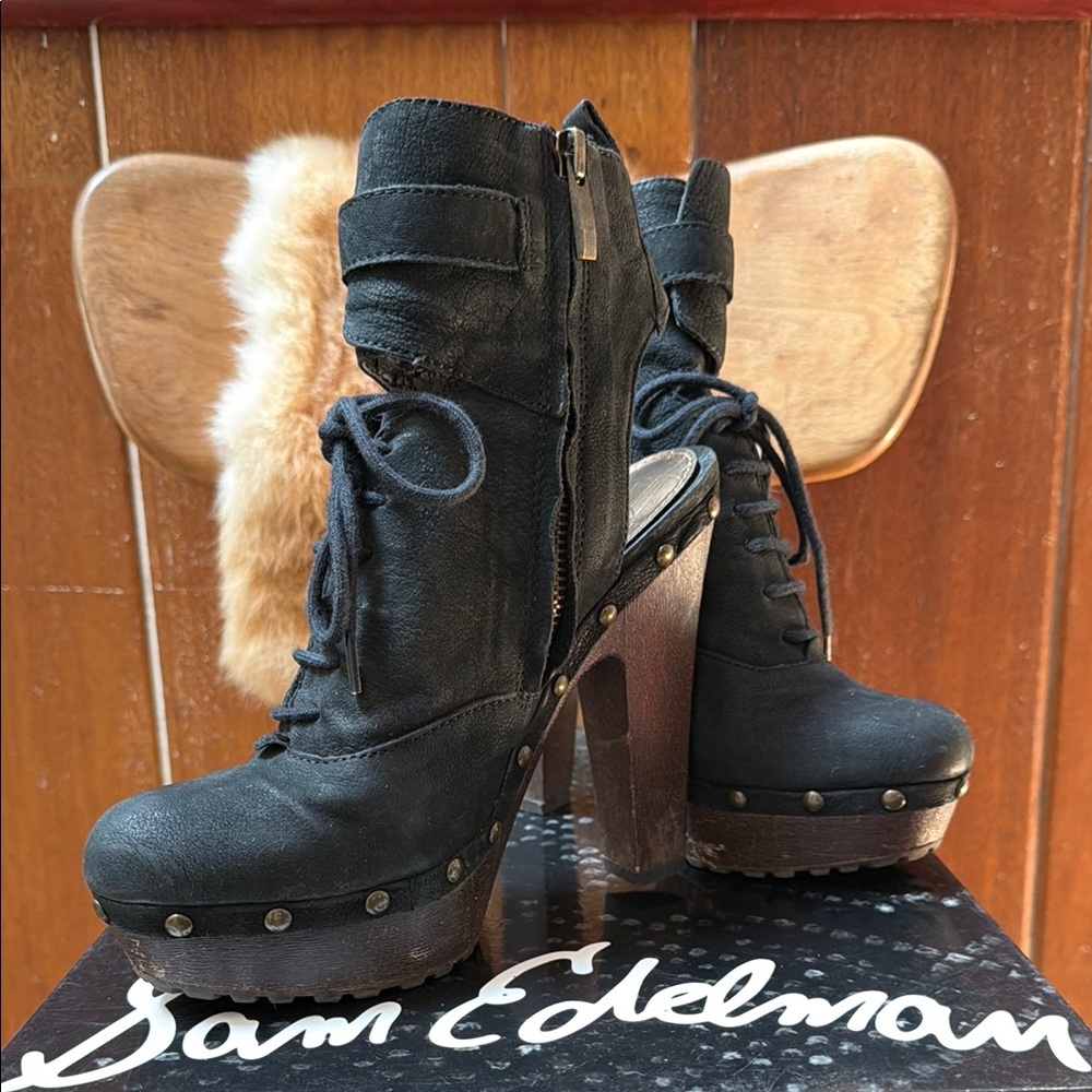 Sam Edelman Black Suede Lace-Up Platform Booties